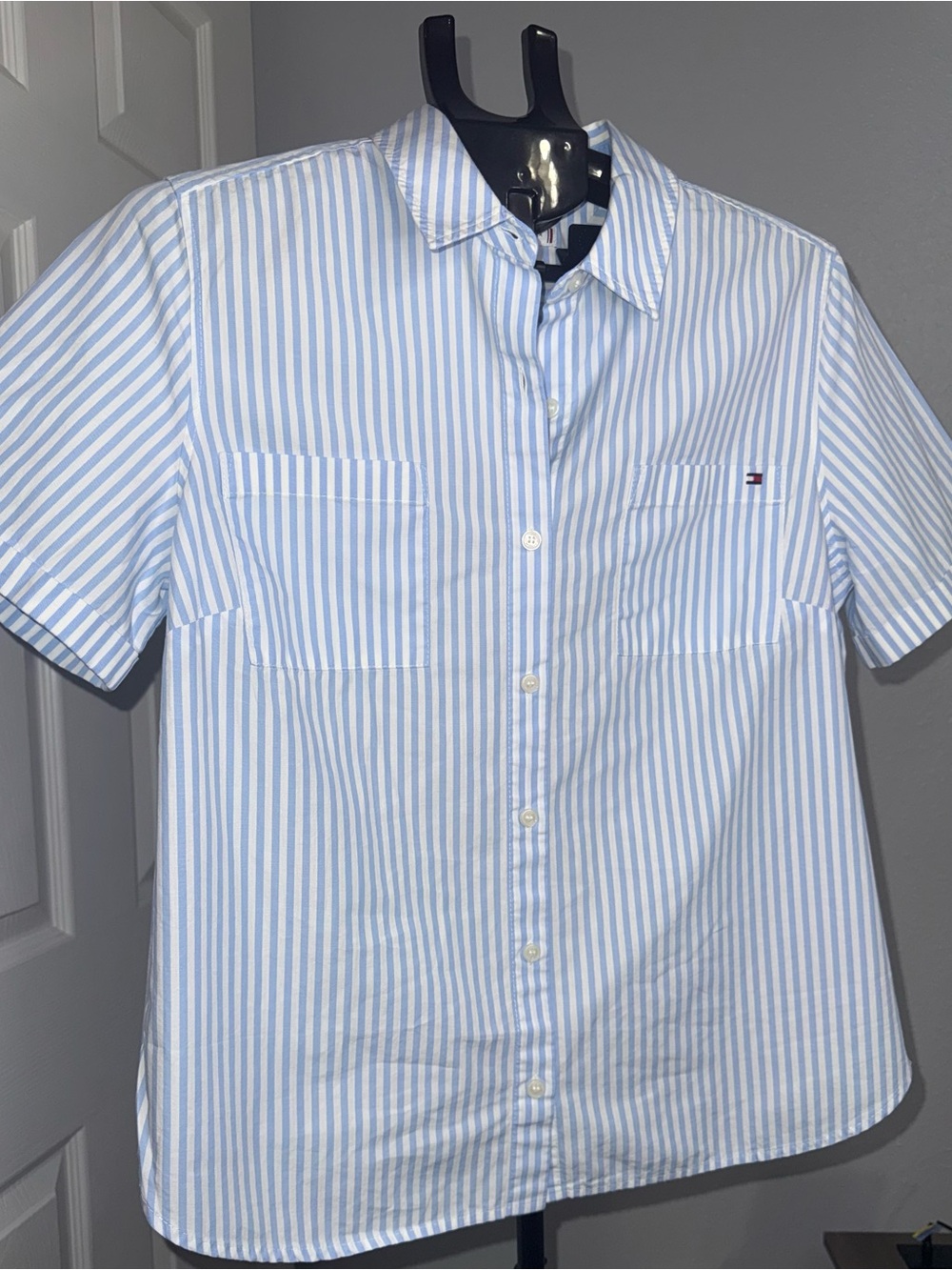 Tommy Hilfiger Blue & White Striped Short Sleeve Button-Down Shirt